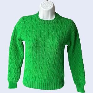 ASTON 34 Vintage Cable Knit Sweater Green 100% Shetland Wool 80s Preppy